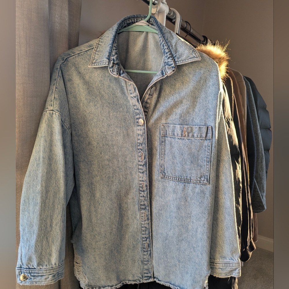 Zara Distressed Denim Button-Up